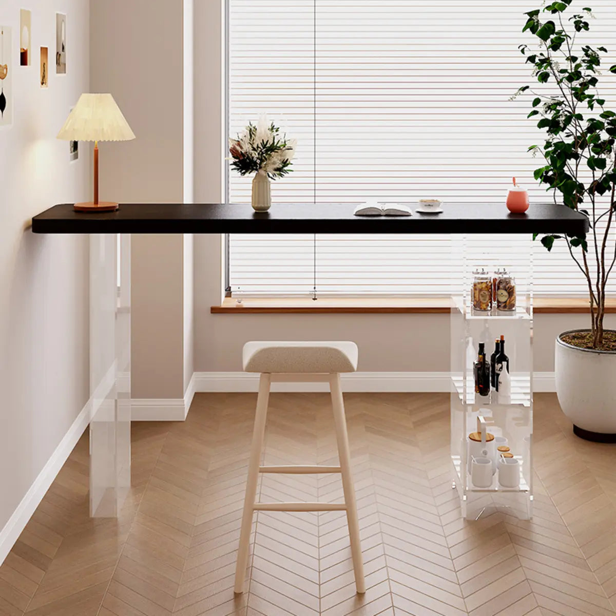 Clear Acrylic Shelves Black Rectangular Slate Bar Table Image - 2