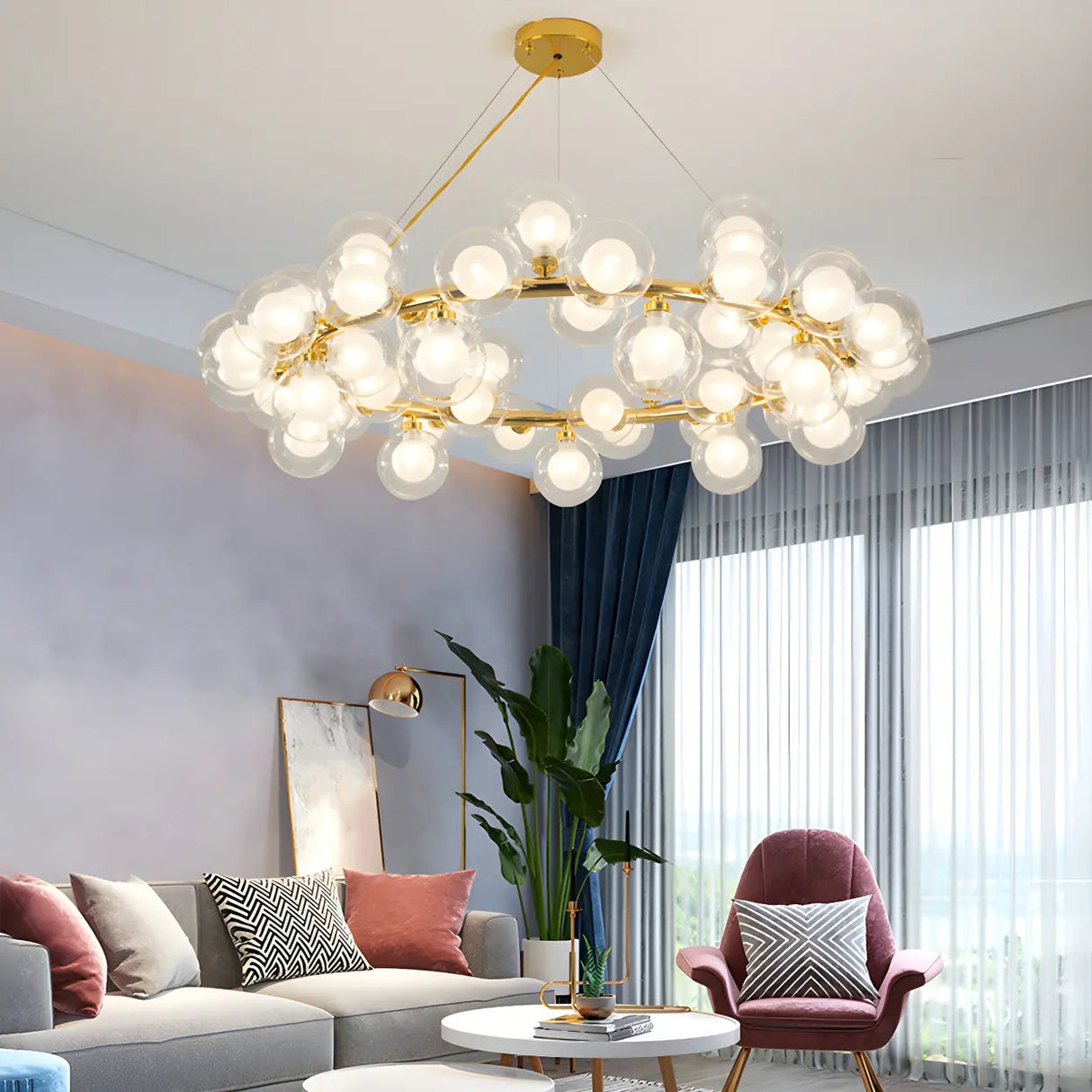 Clear Glass Gold Circle Dining Room Bubble Chandelier Image - 4