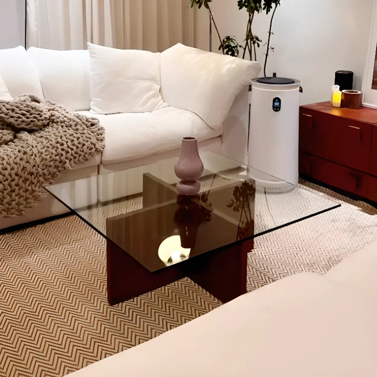 Clear Glass Square Brown Wood Base Coffee Table Image - 1