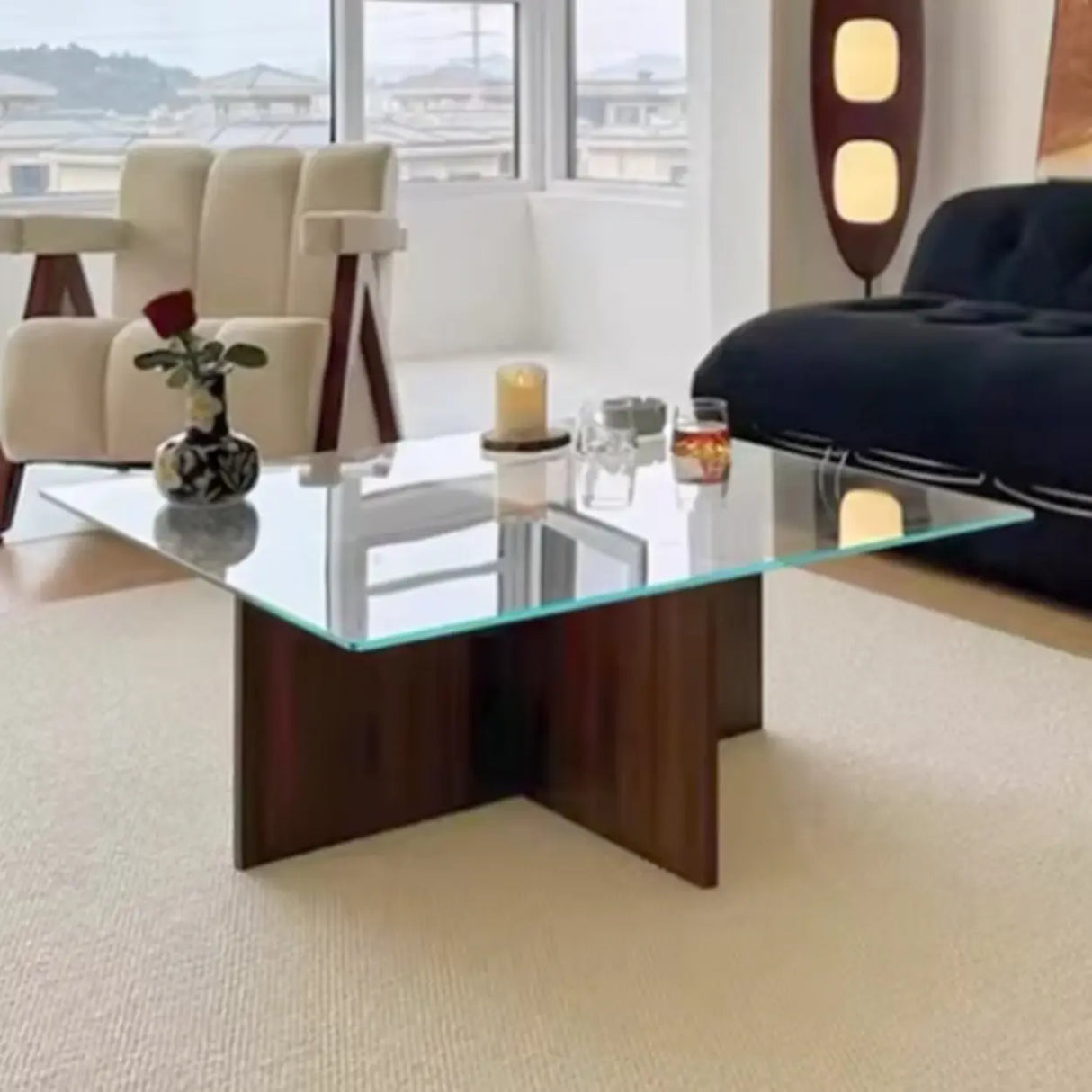 Clear Glass Square Brown Wood Base Coffee Table Image - 2