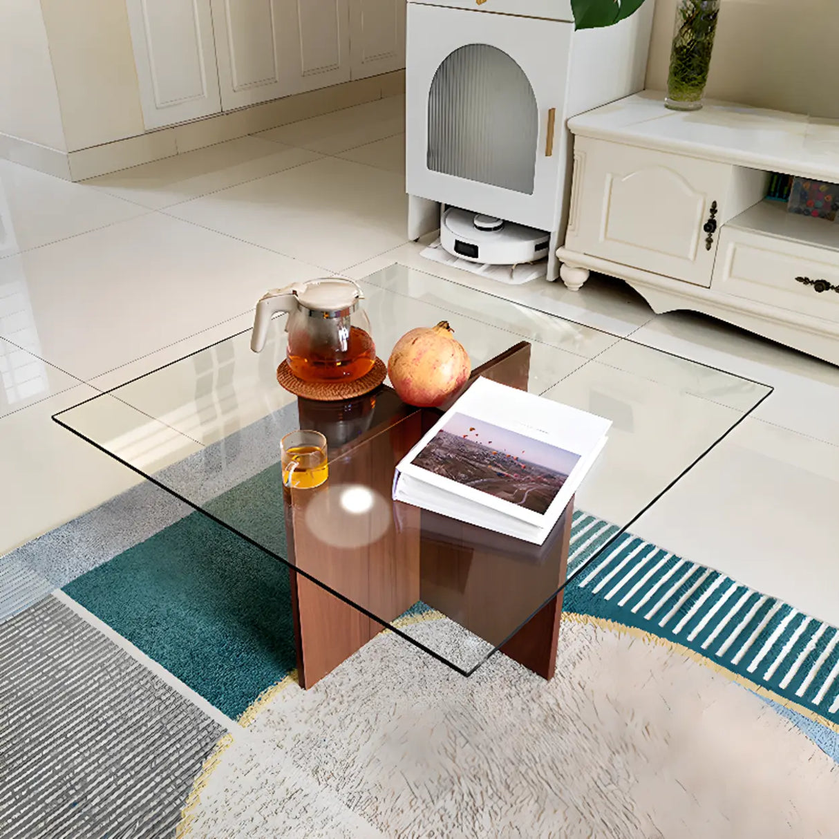 Clear Glass Square Brown Wood Base Coffee Table Image - 3