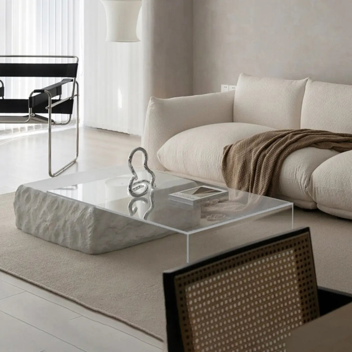 Clear Glass White Double Pedestal Base Coffee Table Image - 1