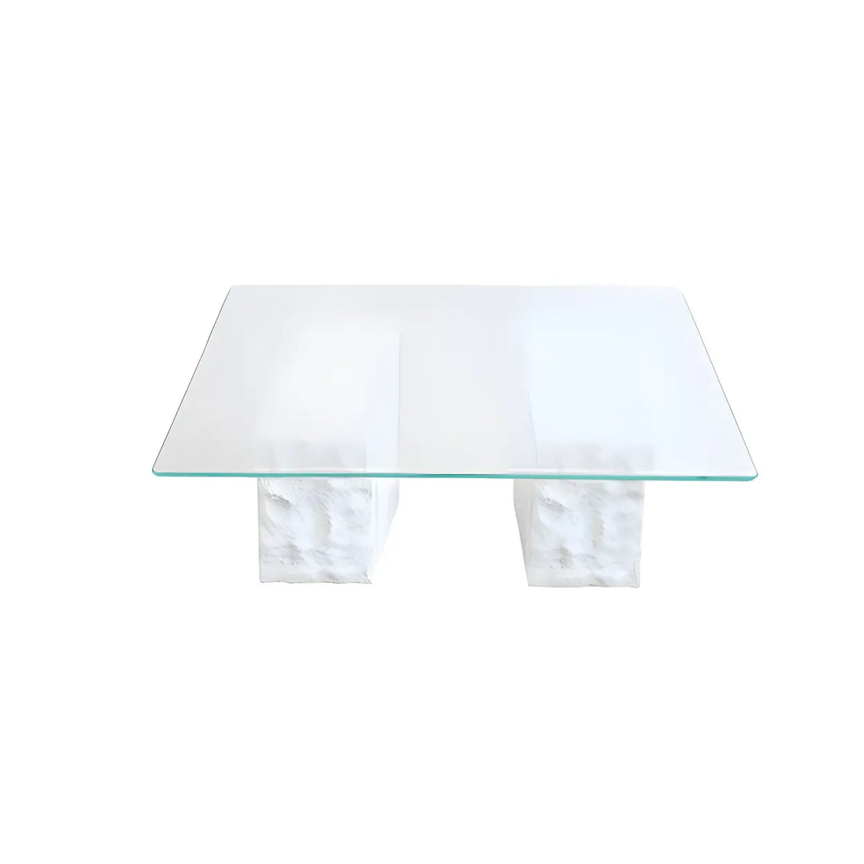 Clear Glass White Double Pedestal Base Coffee Table Image - 2