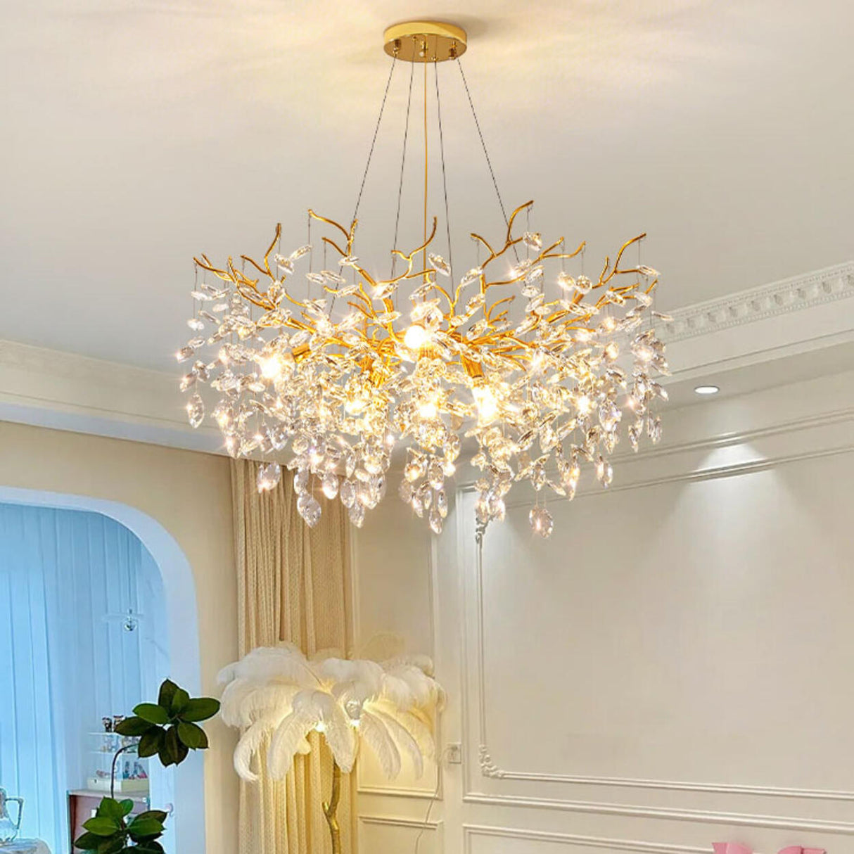 Clear Hanging Light Gold Crystal Branch Chandelier Image - 1