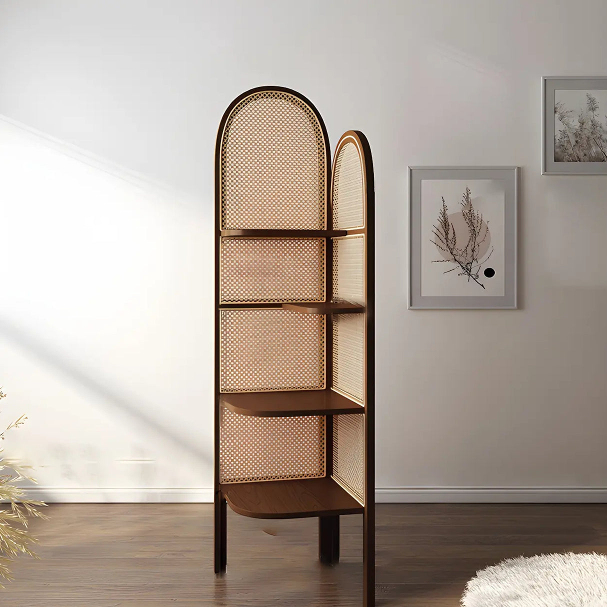 Closed Back 4 Shelves Curved Rattan Corner Bookcase Image - 10
