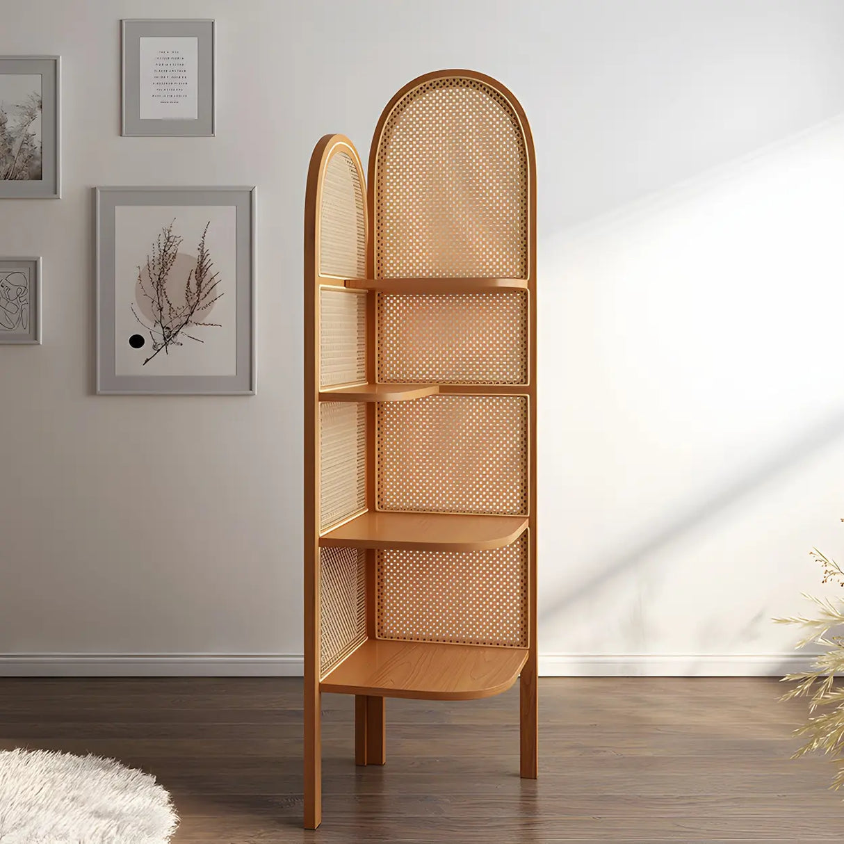 Closed Back 4 Shelves Curved Rattan Corner Bookcase Image - 12