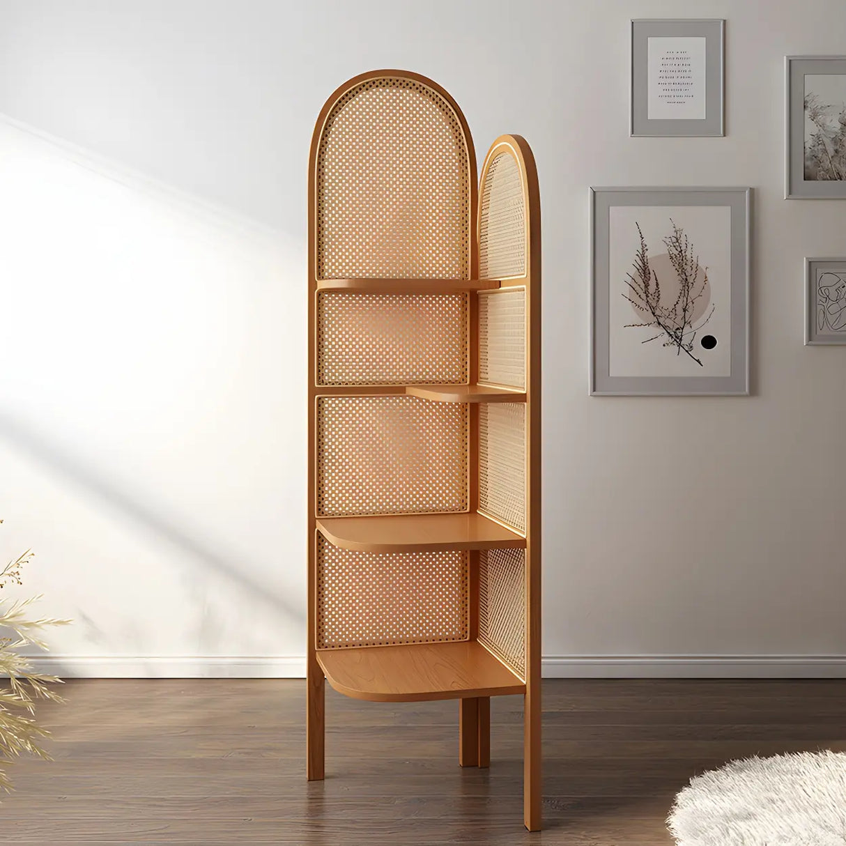 Closed Back 4 Shelves Curved Rattan Corner Bookcase Image - 14
