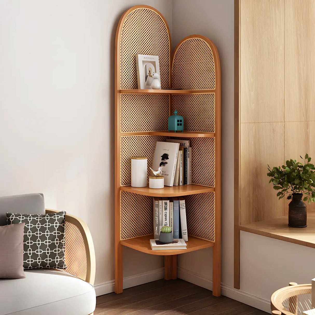 Closed Back 4 Shelves Curved Rattan Corner Bookcase Image - 15