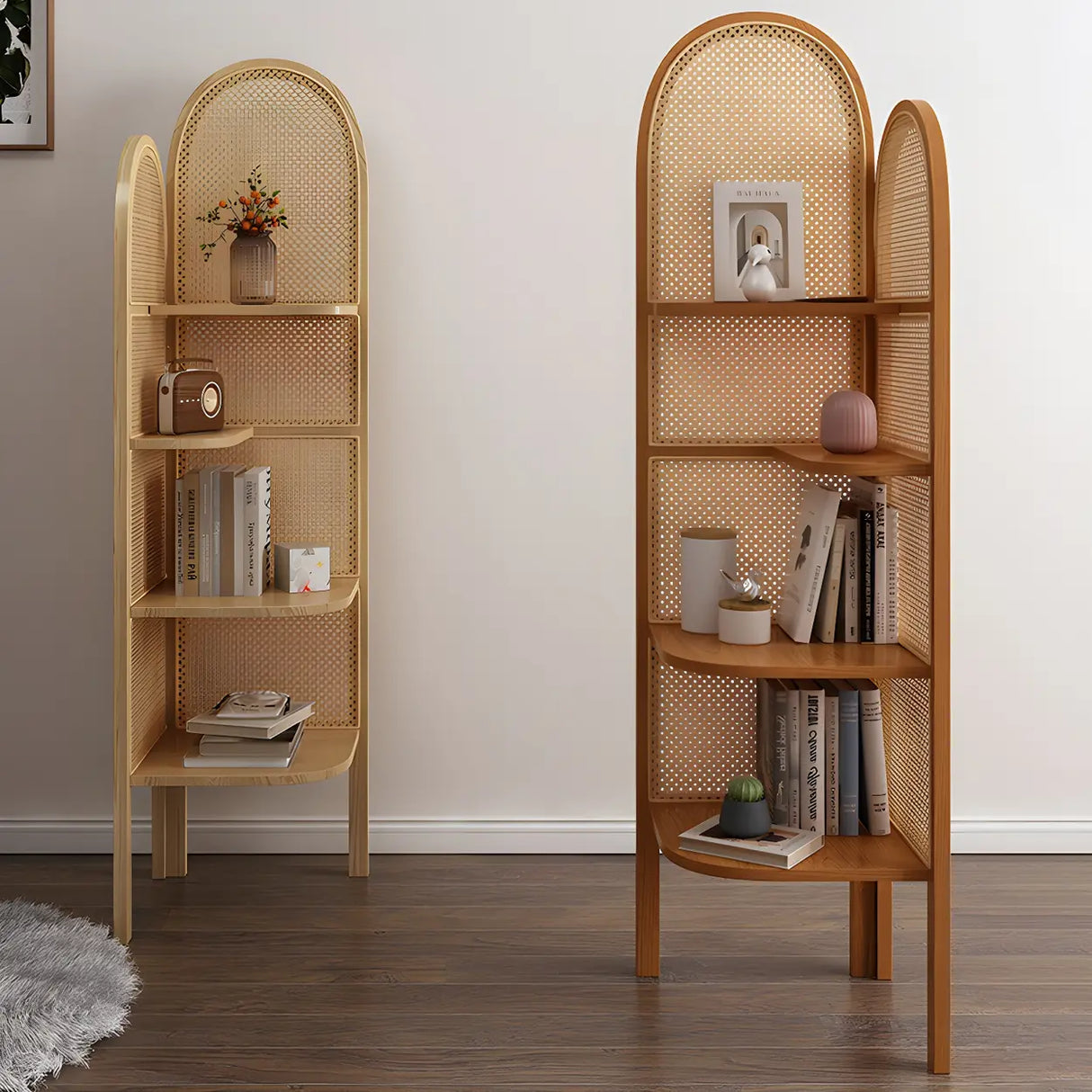 Closed Back 4 Shelves Curved Rattan Corner Bookcase Image - 16