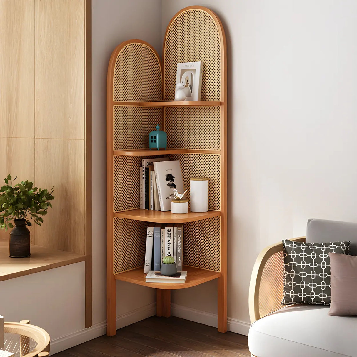 Closed Back 4 Shelves Curved Rattan Corner Bookcase Image - 17
