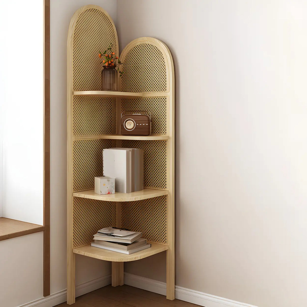 Closed Back 4 Shelves Curved Rattan Corner Bookcase Image - 1