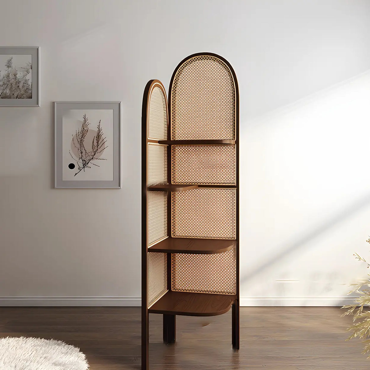 Closed Back 4 Shelves Curved Rattan Corner Bookcase Image - 3