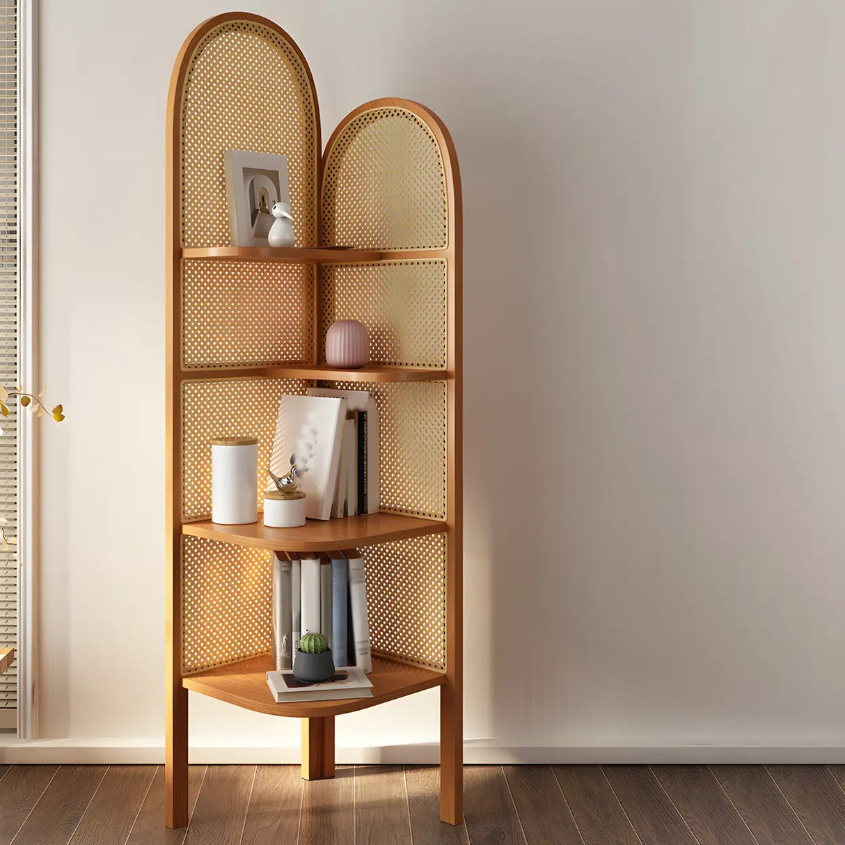 Closed Back 4 Shelves Curved Rattan Corner Bookcase Image - 4