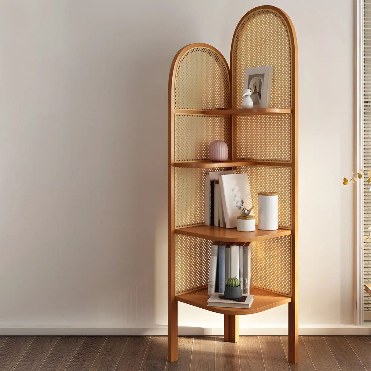 Closed Back 4 Shelves Curved Rattan Corner Bookcase Image - 5