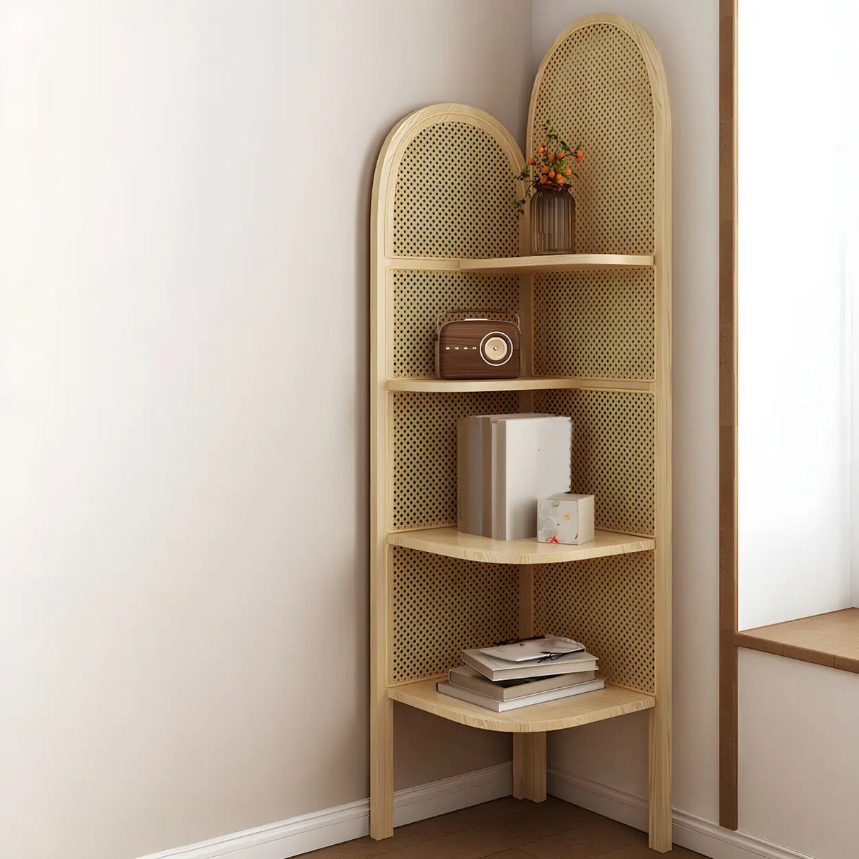 Closed Back 4 Shelves Curved Rattan Corner Bookcase Image - 6