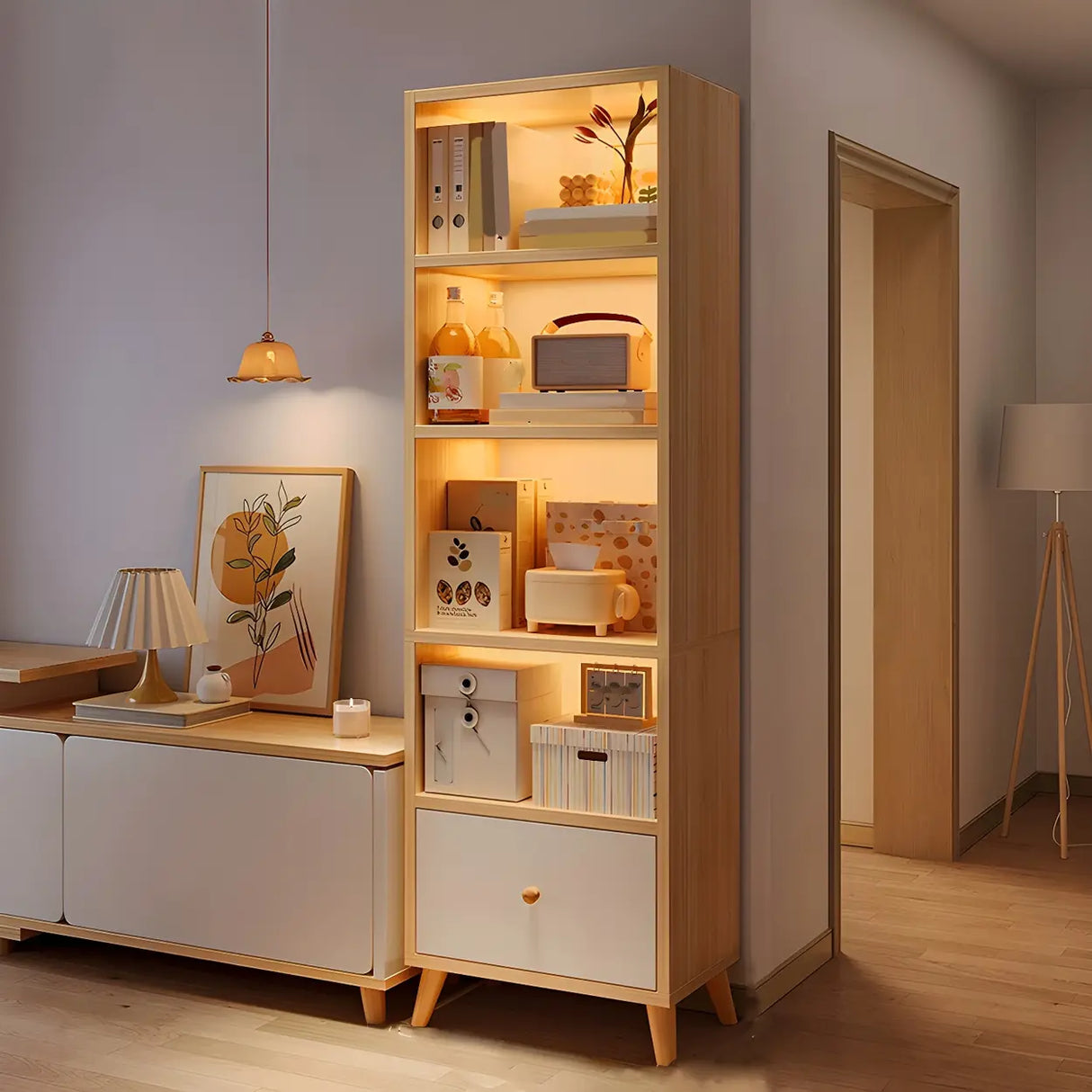 Closed Back Vertical Rustic Wooden Storage Bookcase Image - 10