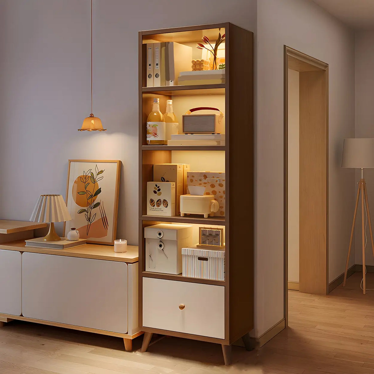 Closed Back Vertical Rustic Wooden Storage Bookcase Image - 11