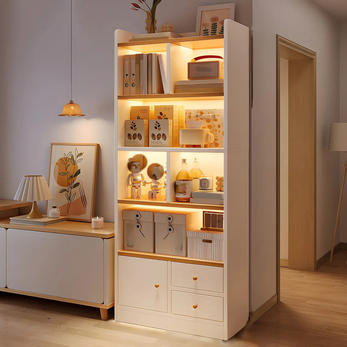 Closed Back Vertical Rustic Wooden Storage Bookcase Image - 16