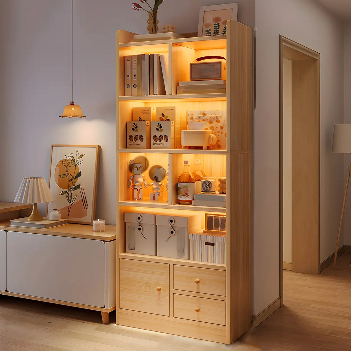 Closed Back Vertical Rustic Wooden Storage Bookcase Image - 17