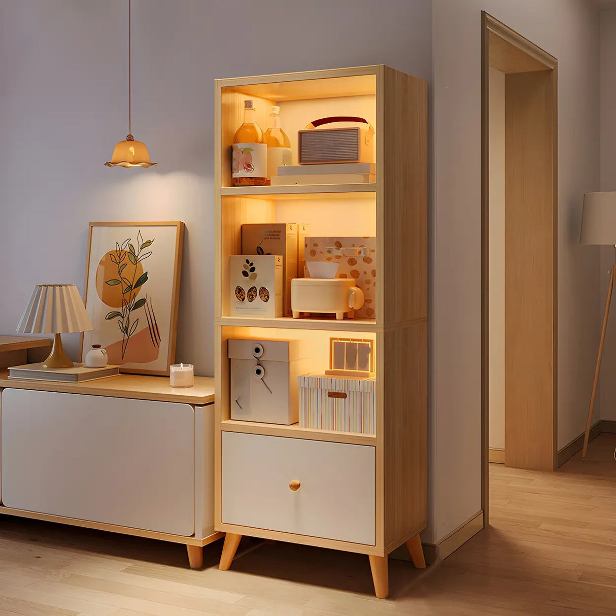 Closed Back Vertical Rustic Wooden Storage Bookcase Image - 3