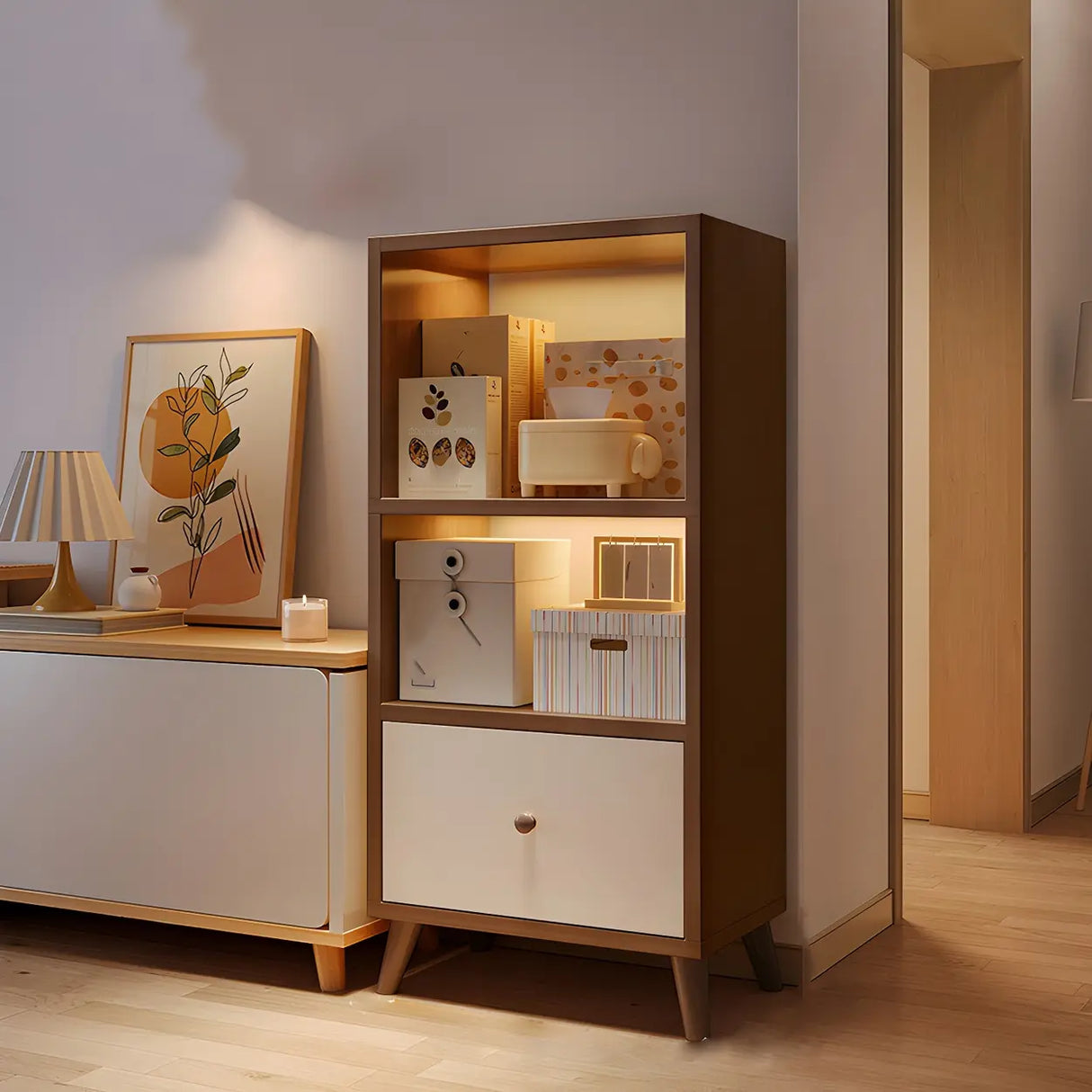 Closed Back Vertical Rustic Wooden Storage Bookcase Image - 15