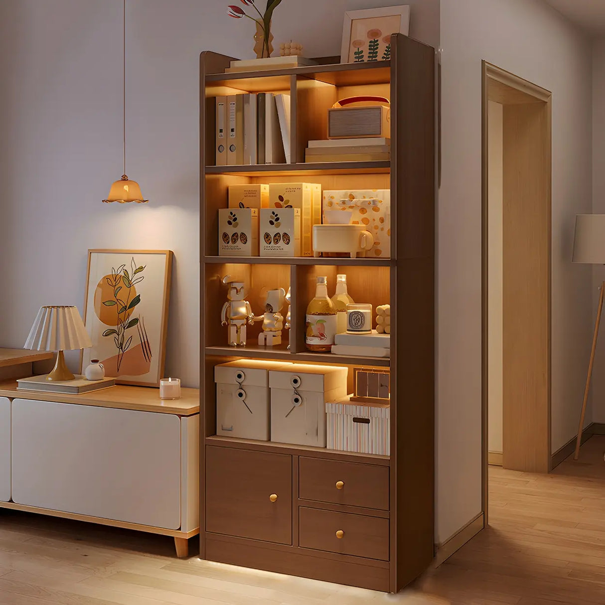 Closed Back Vertical Rustic Wooden Storage Bookcase Image - 18