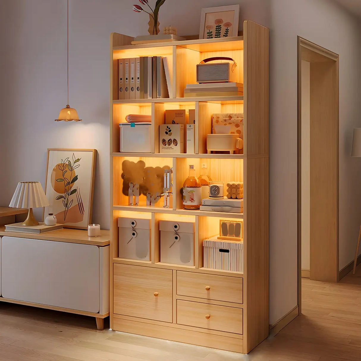 Closed Back Vertical Rustic Wooden Storage Bookcase Image - 20