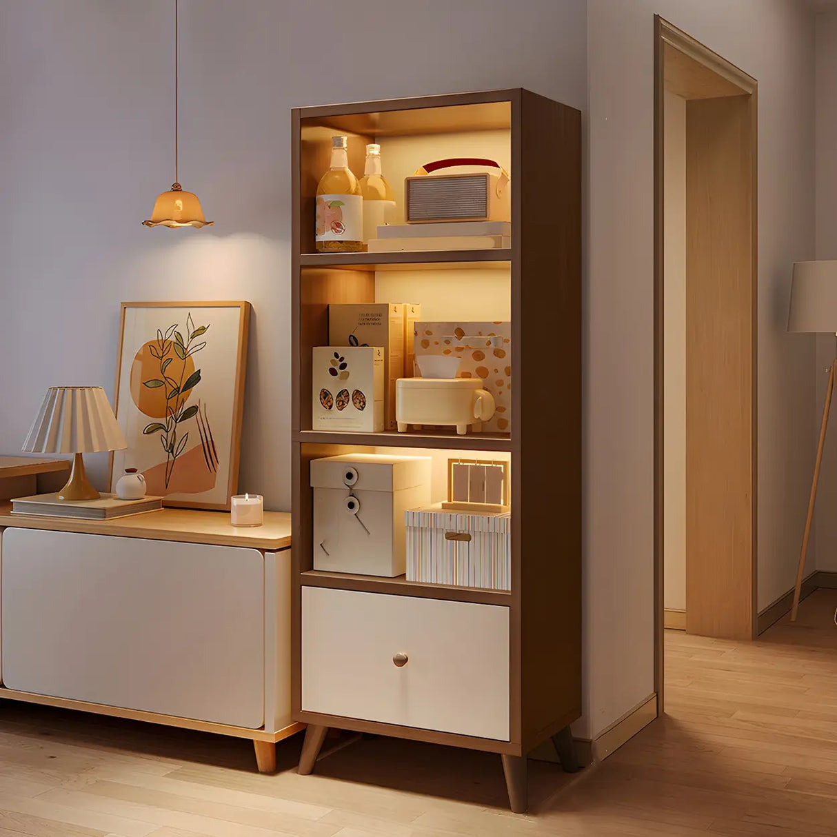 Closed Back Vertical Rustic Wooden Storage Bookcase Image - 6