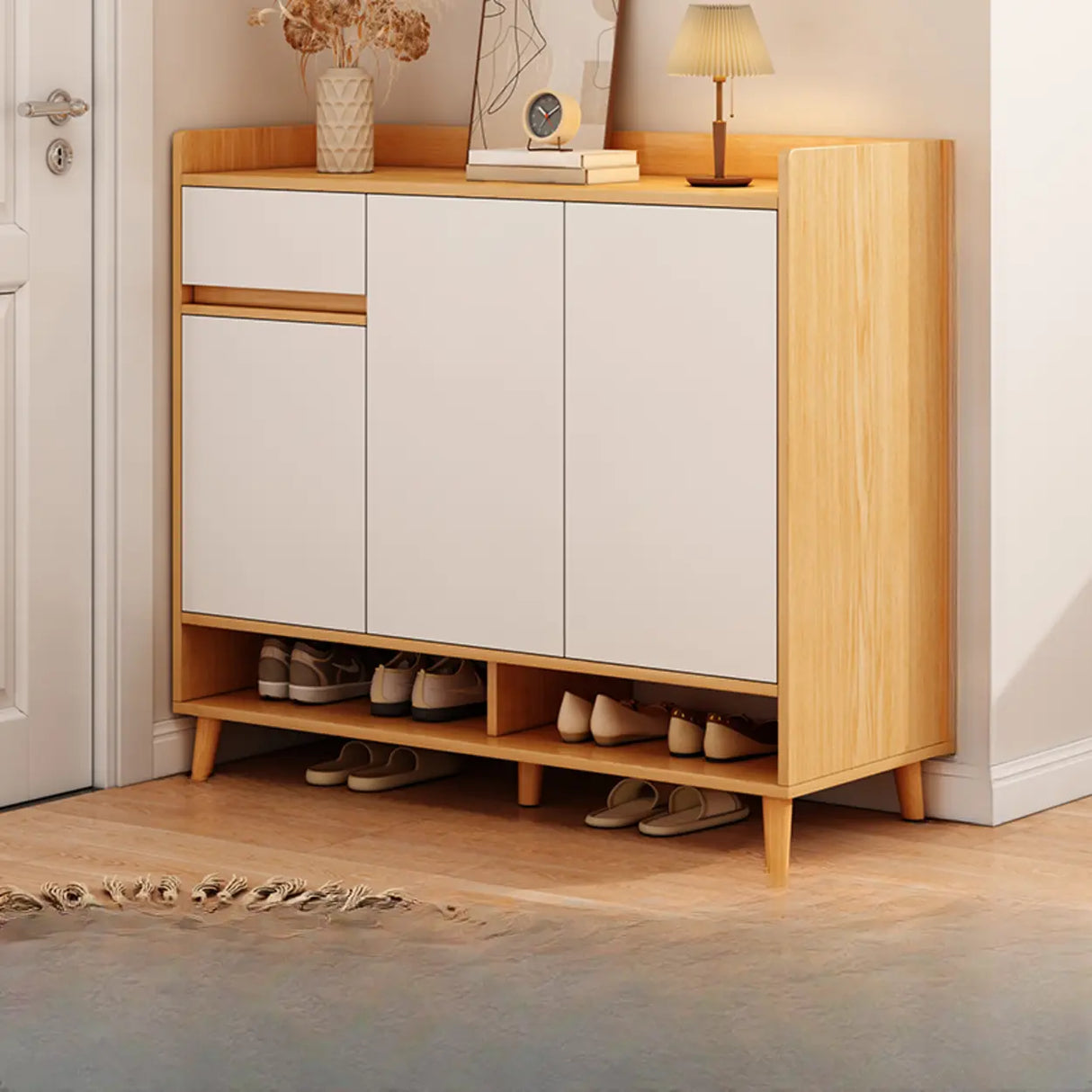 Closed Back Wood Entryway Beige Large Shoe Cabinet Image - 10