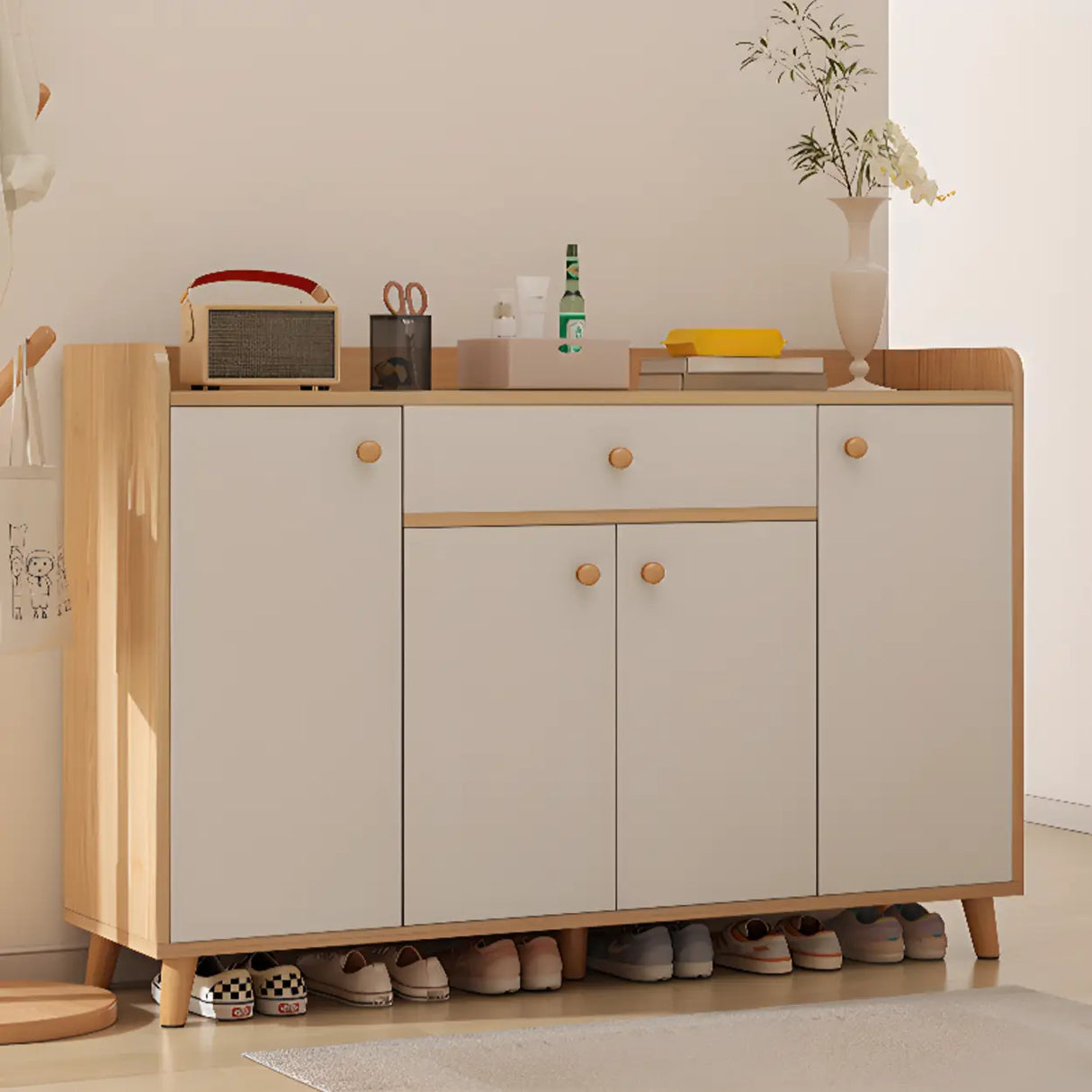 Closed Back Wood Entryway Beige Large Shoe Cabinet Image - 11