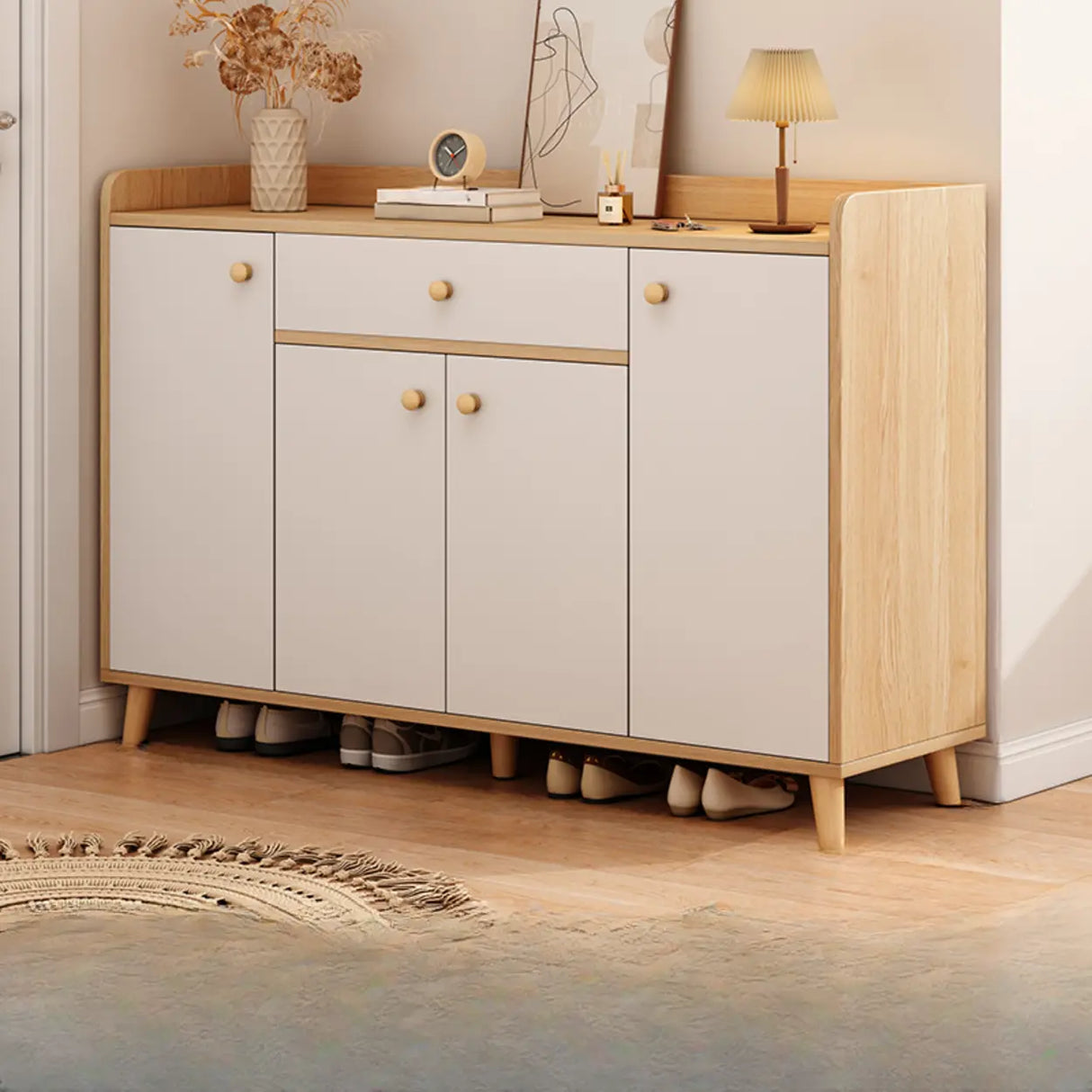 Closed Back Wood Entryway Beige Large Shoe Cabinet Image - 12