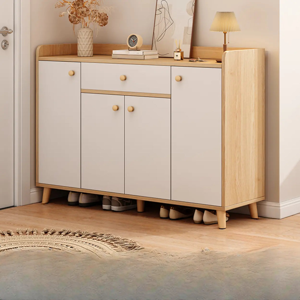 Closed Back Wood Entryway Beige Large Shoe Cabinet Image - 13