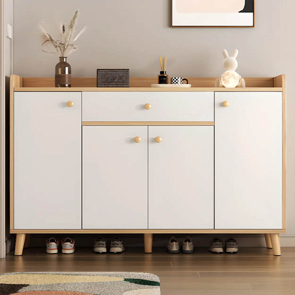 Closed Back Wood Entryway Beige Large Shoe Cabinet Image - 14