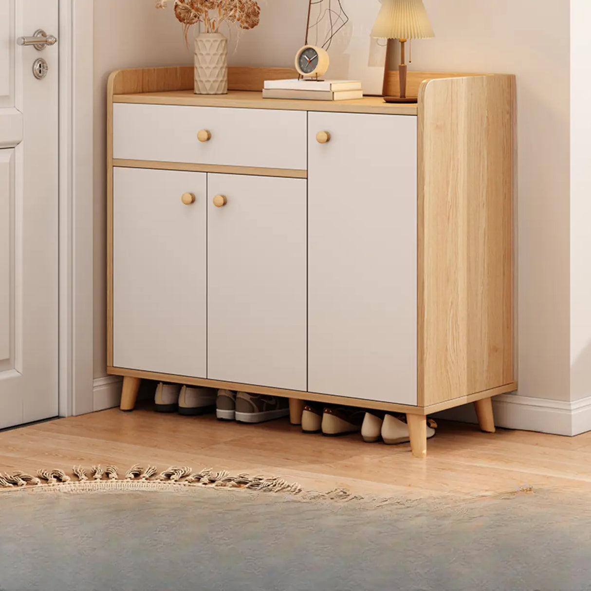 Closed Back Wood Entryway Beige Large Shoe Cabinet Image - 15