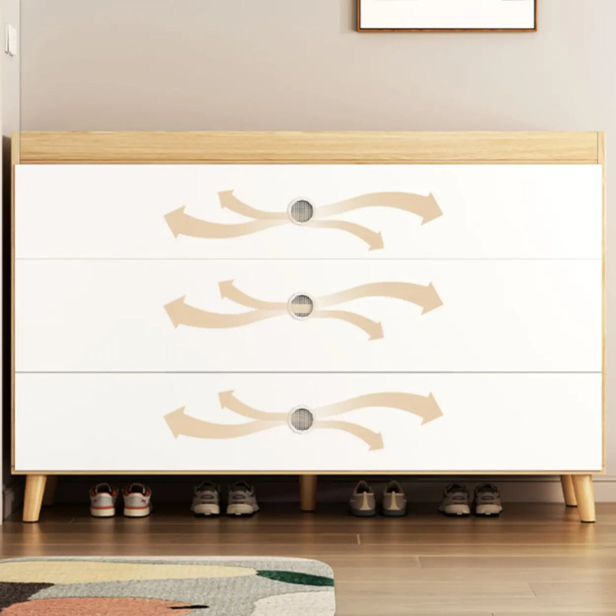 Closed Back Wood Entryway Beige Large Shoe Cabinet Image - 16