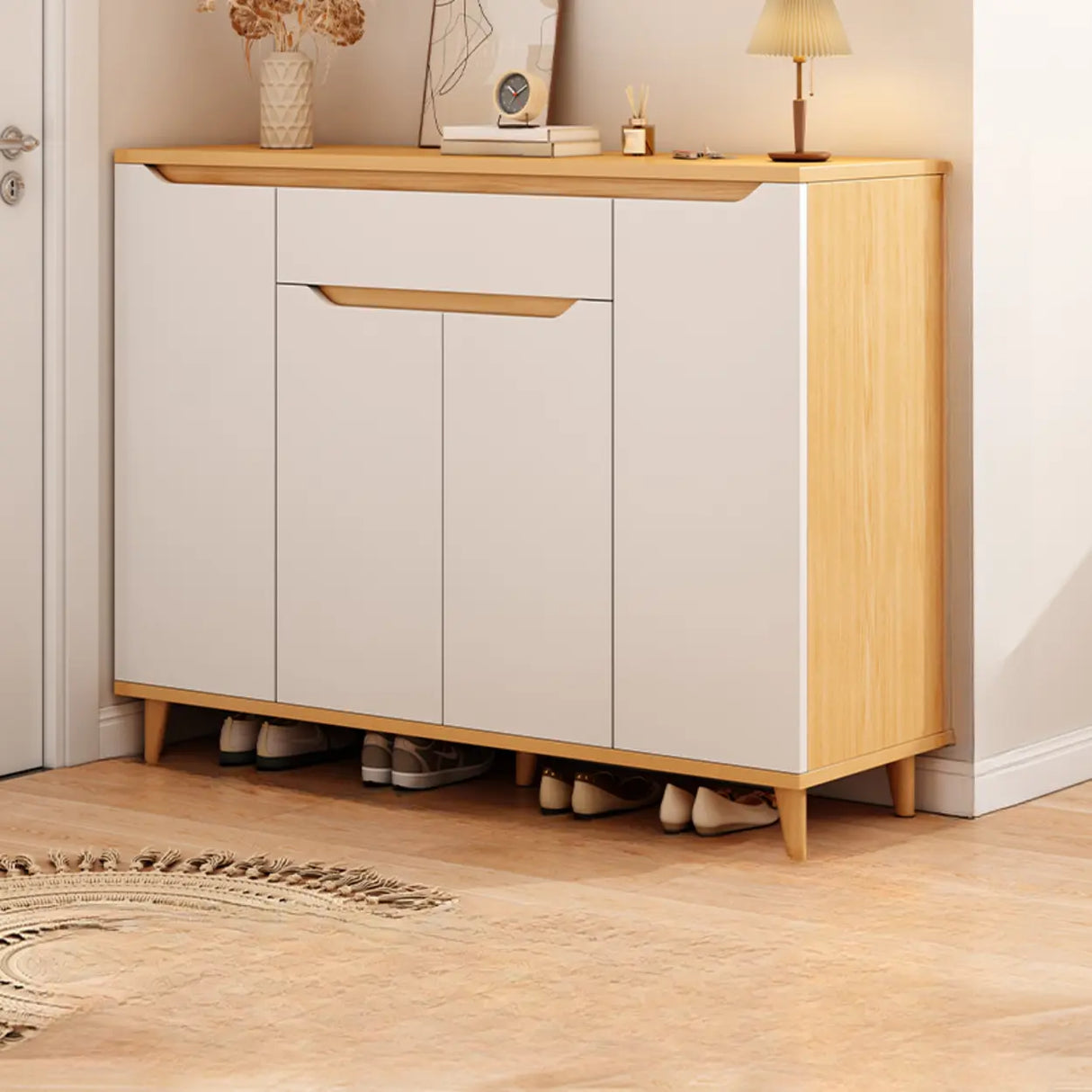 Closed Back Wood Entryway Beige Large Shoe Cabinet Image - 17