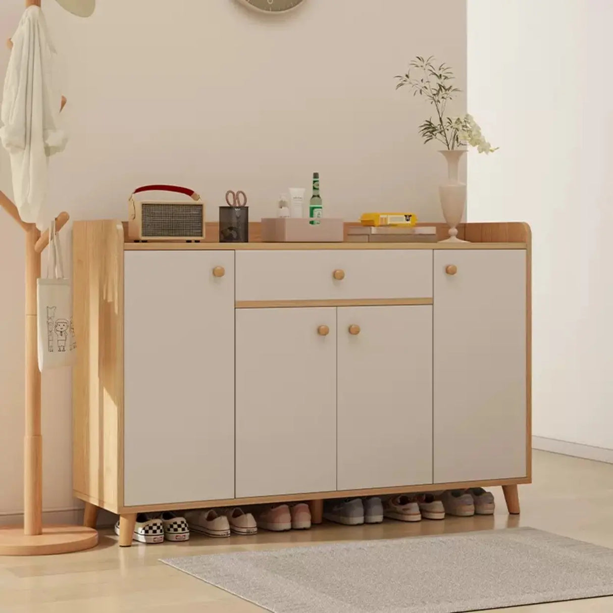 Closed Back Wood Entryway Beige Large Shoe Cabinet Image - 1