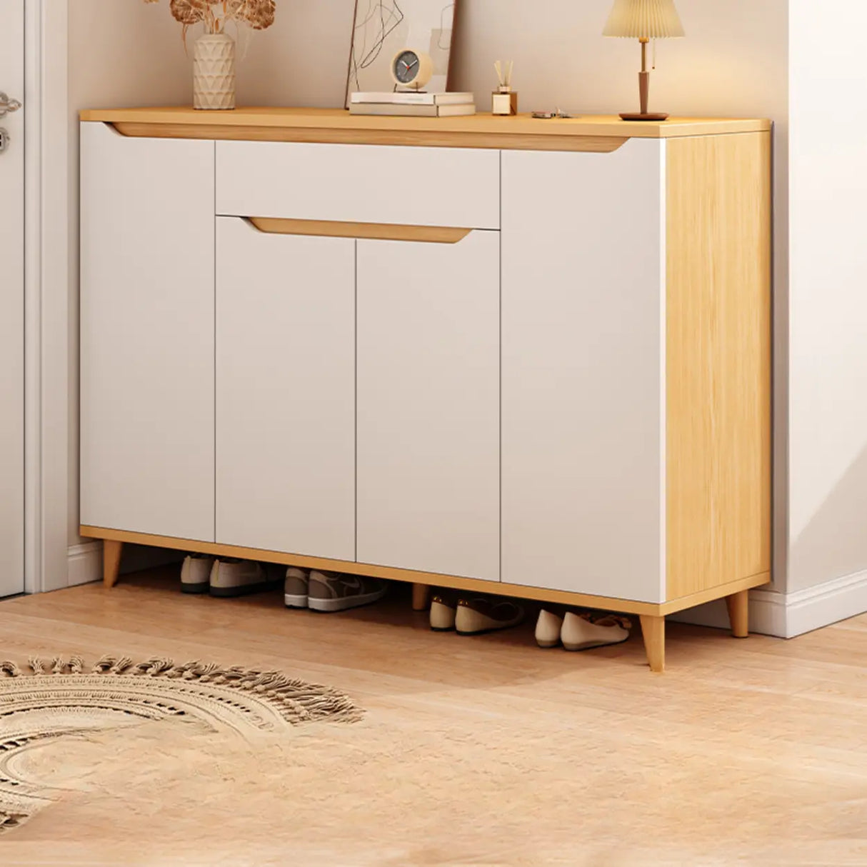 Closed Back Wood Entryway Beige Large Shoe Cabinet Image - 20