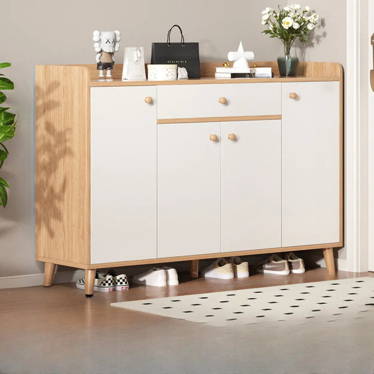 Closed Back Wood Entryway Beige Large Shoe Cabinet Image - 21