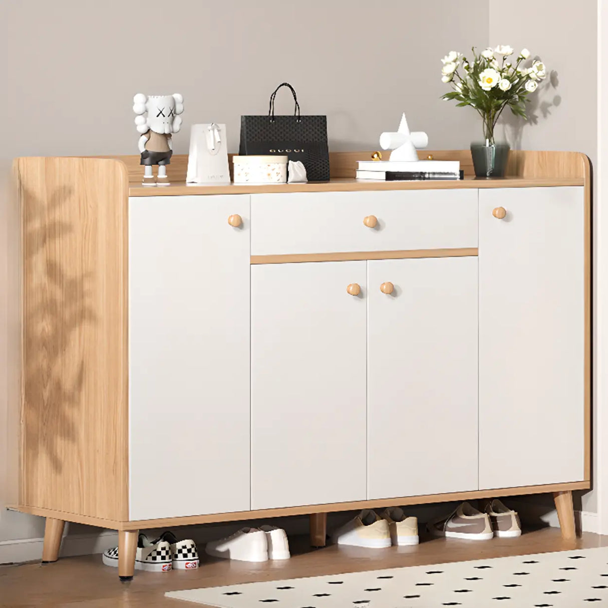 Closed Back Wood Entryway Beige Large Shoe Cabinet Image - 23