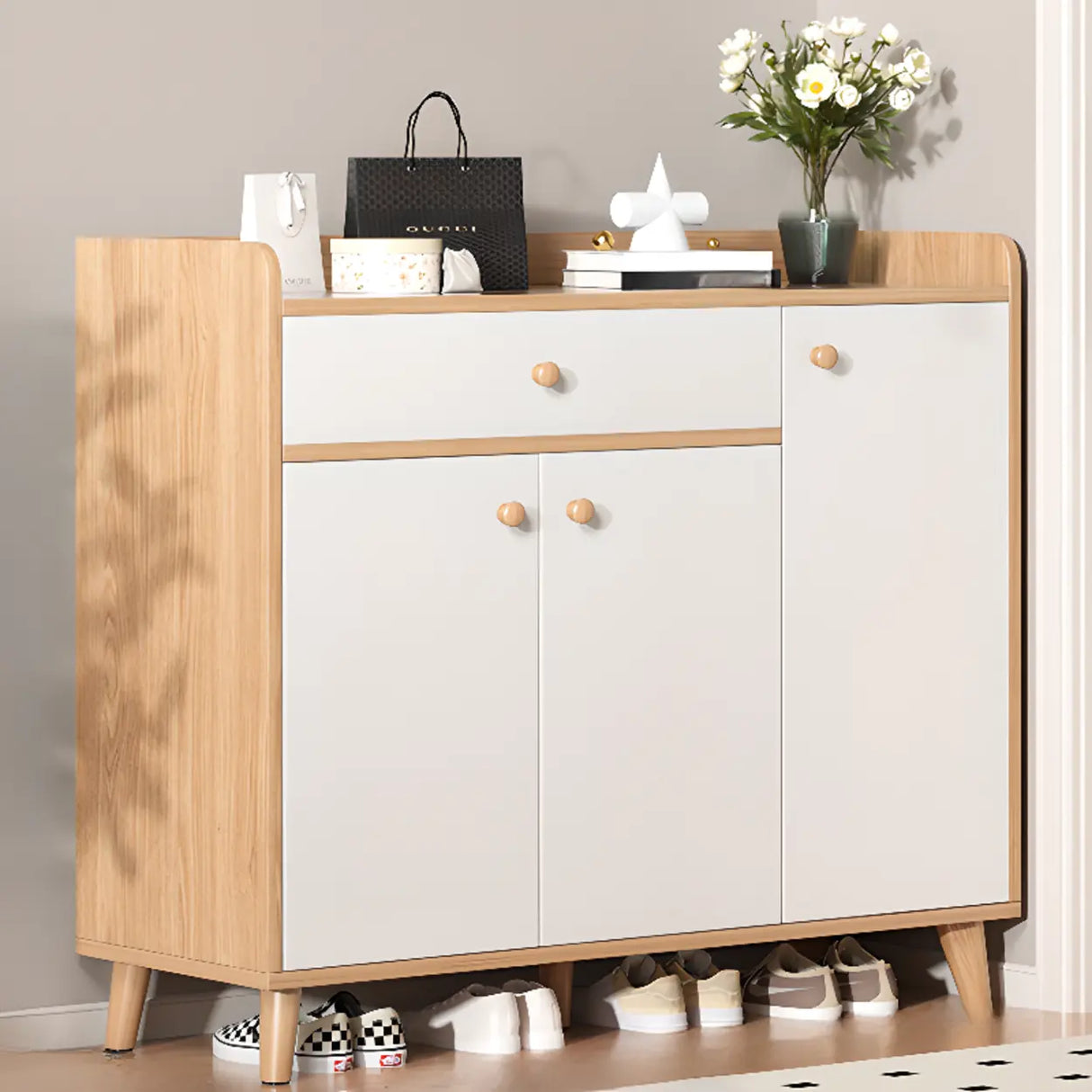 Closed Back Wood Entryway Beige Large Shoe Cabinet Image - 26