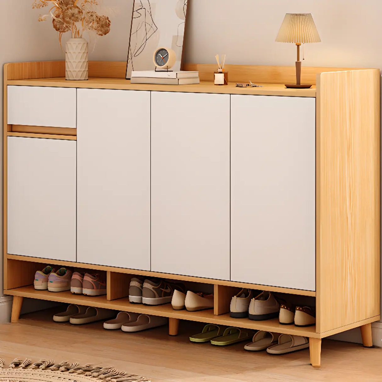 Closed Back Wood Entryway Beige Large Shoe Cabinet Image - 27