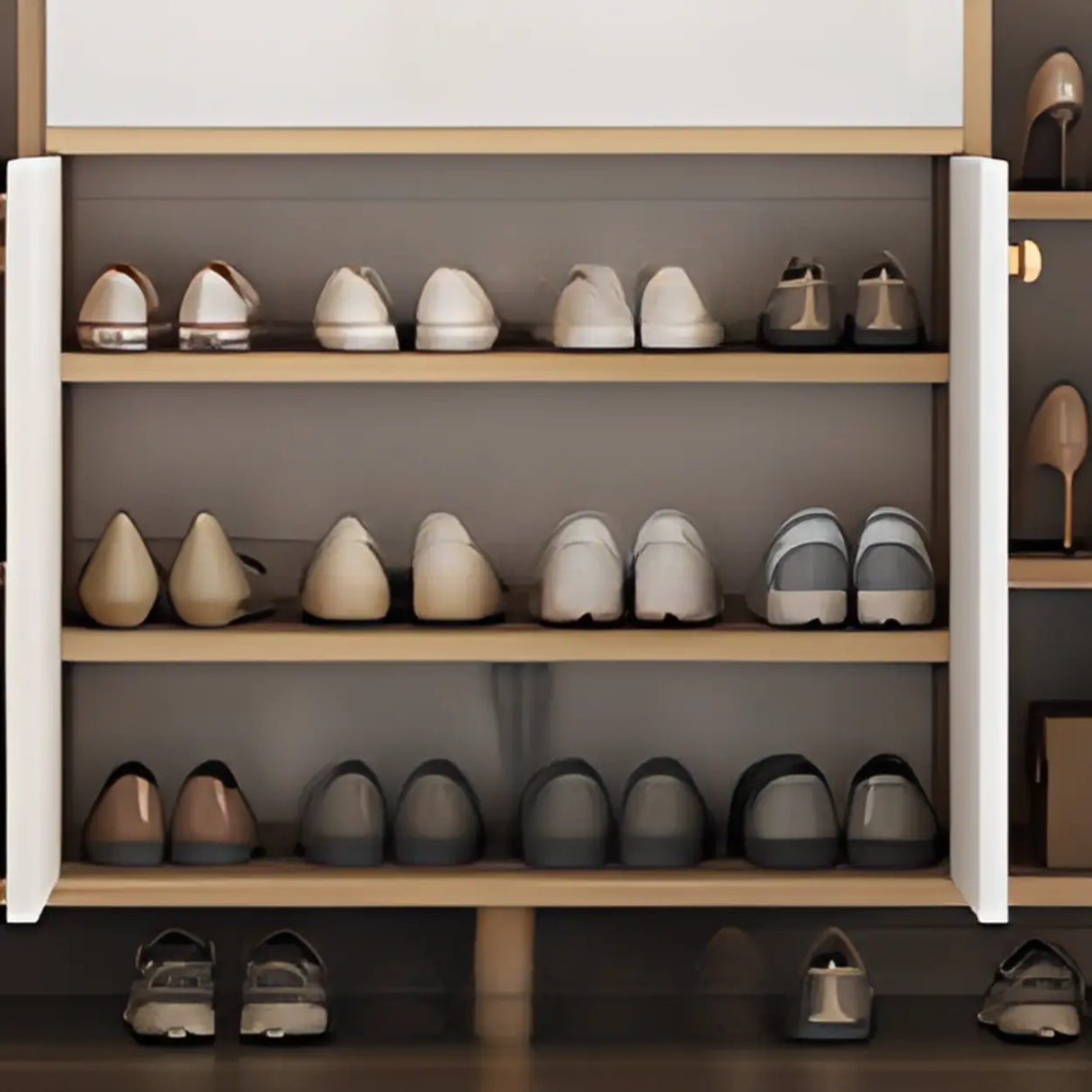 Closed Back Wood Entryway Beige Large Shoe Cabinet Image - 28