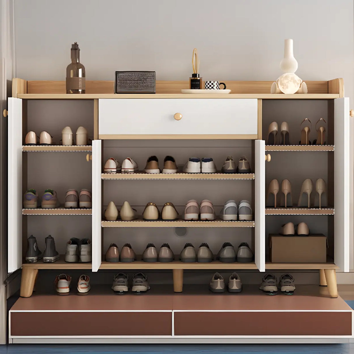 Closed Back Wood Entryway Beige Large Shoe Cabinet Image - 29