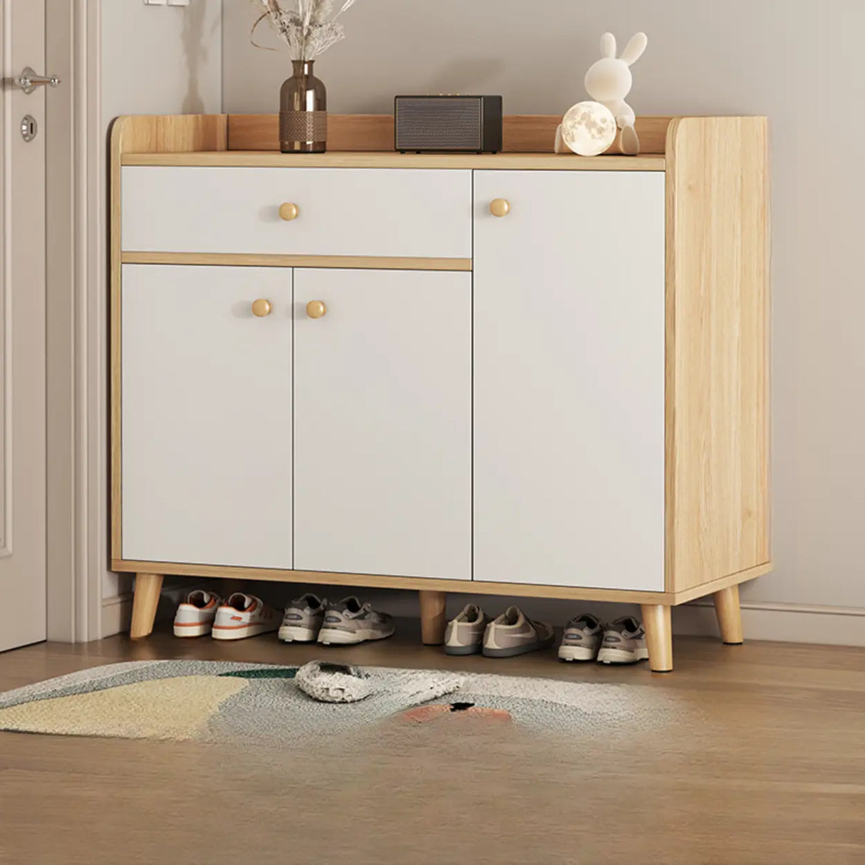 Closed Back Wood Entryway Beige Large Shoe Cabinet Image - 2