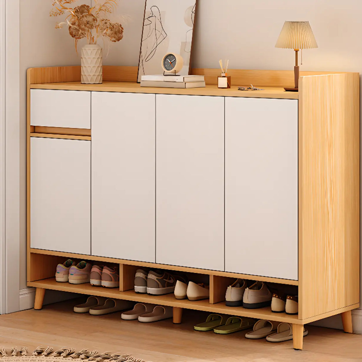 Closed Back Wood Entryway Beige Large Shoe Cabinet Image - 30