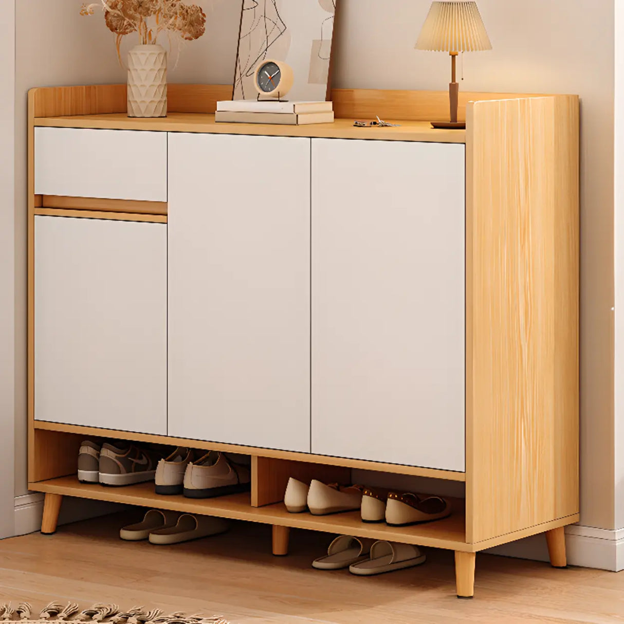 Closed Back Wood Entryway Beige Large Shoe Cabinet Image - 31