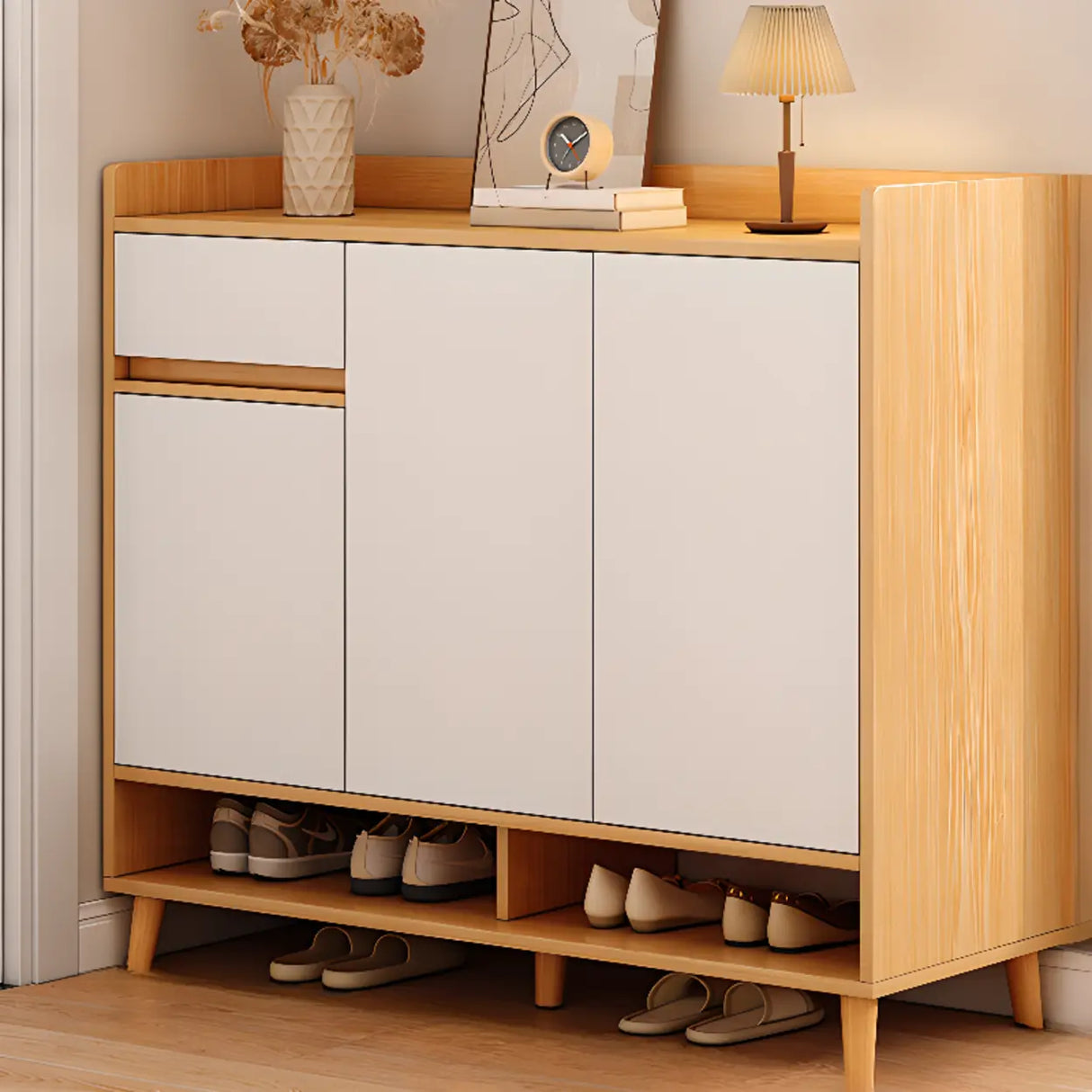 Closed Back Wood Entryway Beige Large Shoe Cabinet Image - 32