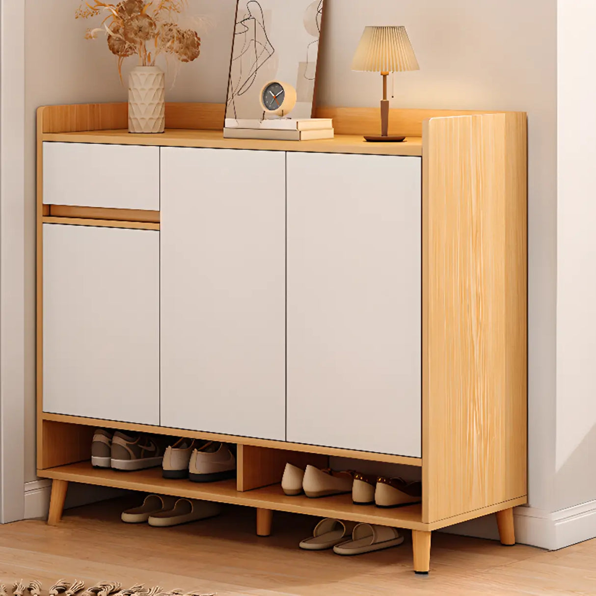 Closed Back Wood Entryway Beige Large Shoe Cabinet Image - 33