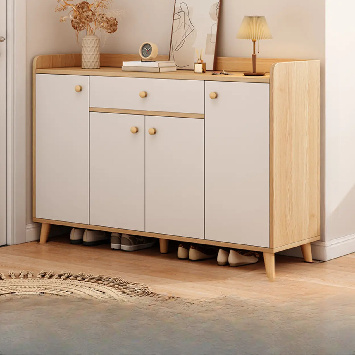 Closed Back Wood Entryway Beige Large Shoe Cabinet Image - 34